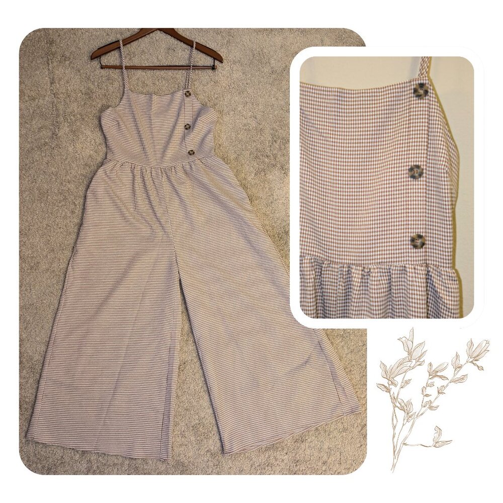Brown Gingham Wide Leg Overalls/Dungarees with Buttons